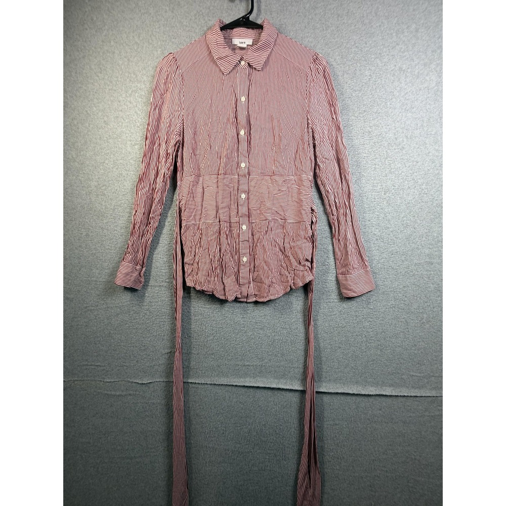 Bar III Shirt Womens Small Red White Striped Belted Button Up Long Sleeve Top